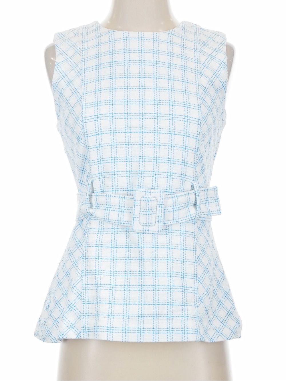 Ann Taylor 97% Cotton White and Light Blue Plaid Sleeveless Belted Top